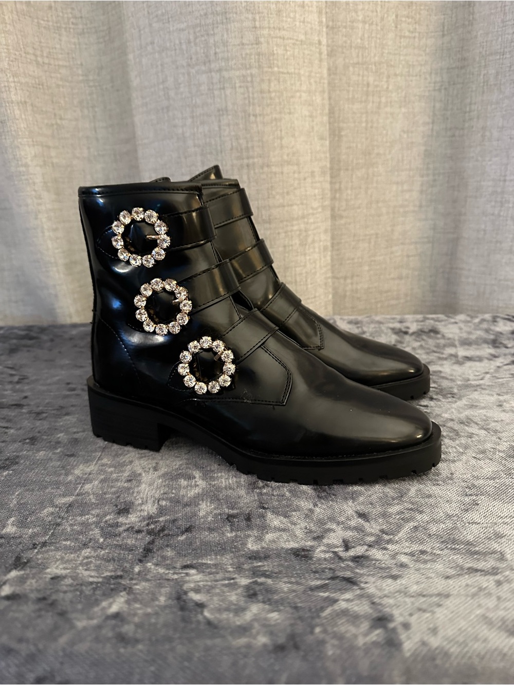 Nanette Black Crystal Buckle Ankle Boots